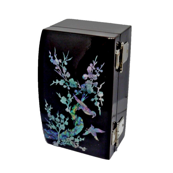 Asian Black Lacquer Jewelry Box MOP Bird Floral Inlay Turtle Latch VTG - Picture 3 of 3